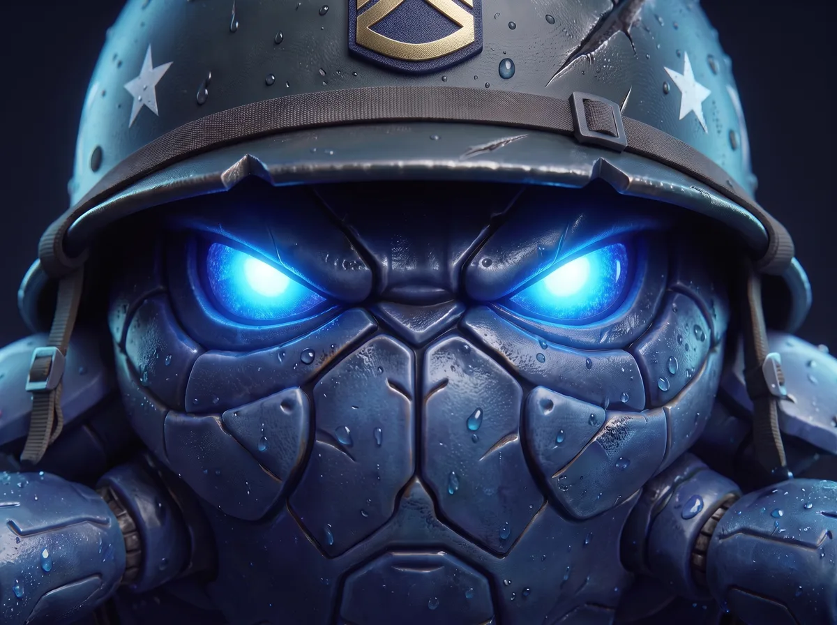 Close-up of CrabStar's glowing ice-blue eyes staring at the camera